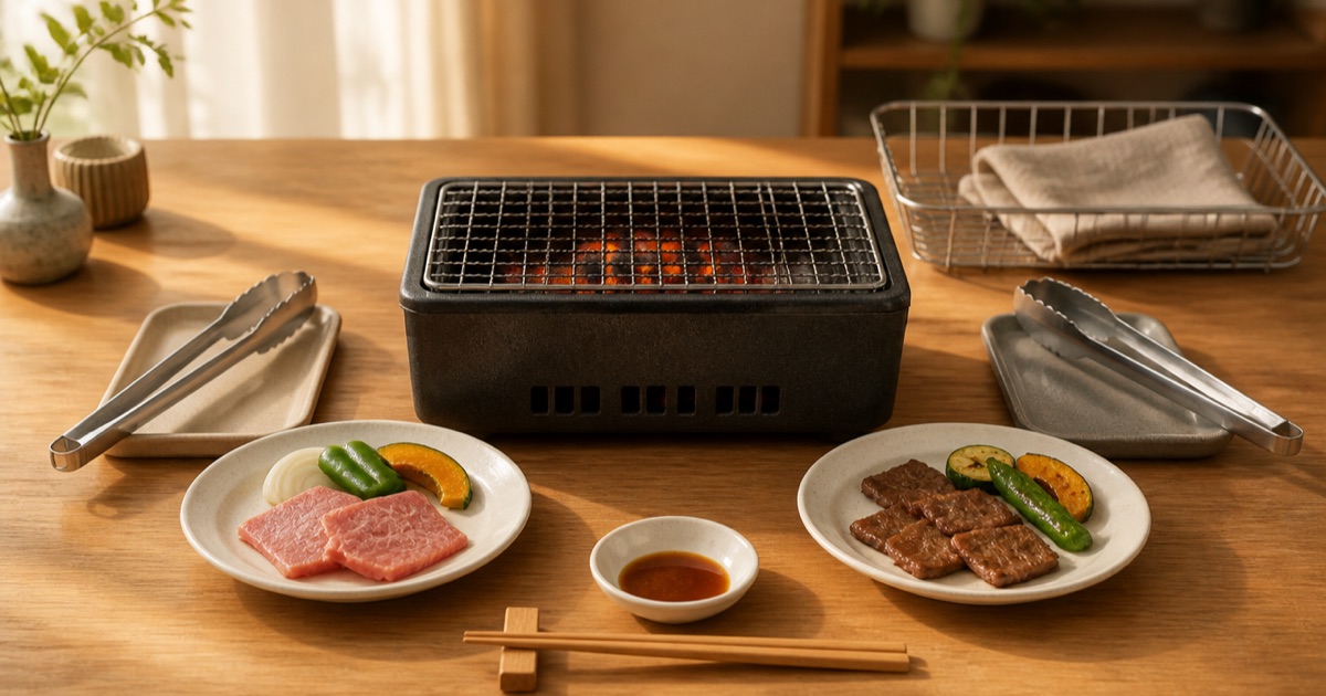 焼肉の生肉用と食事用に分けたトングを卓上グリルの左右に置いた様子